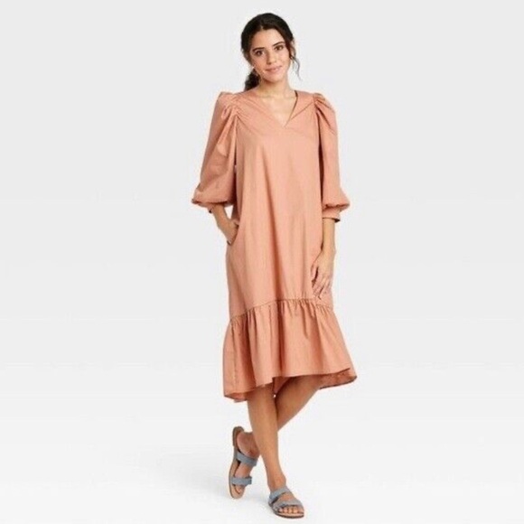 a new day Dresses & Skirts - A New Day tan puff sleeve Vneck ruffled bottom prairie midi dress